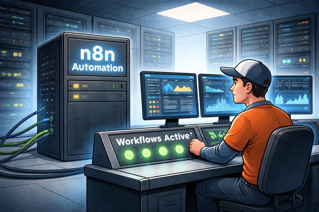 n8n automation server with workflows active in data center