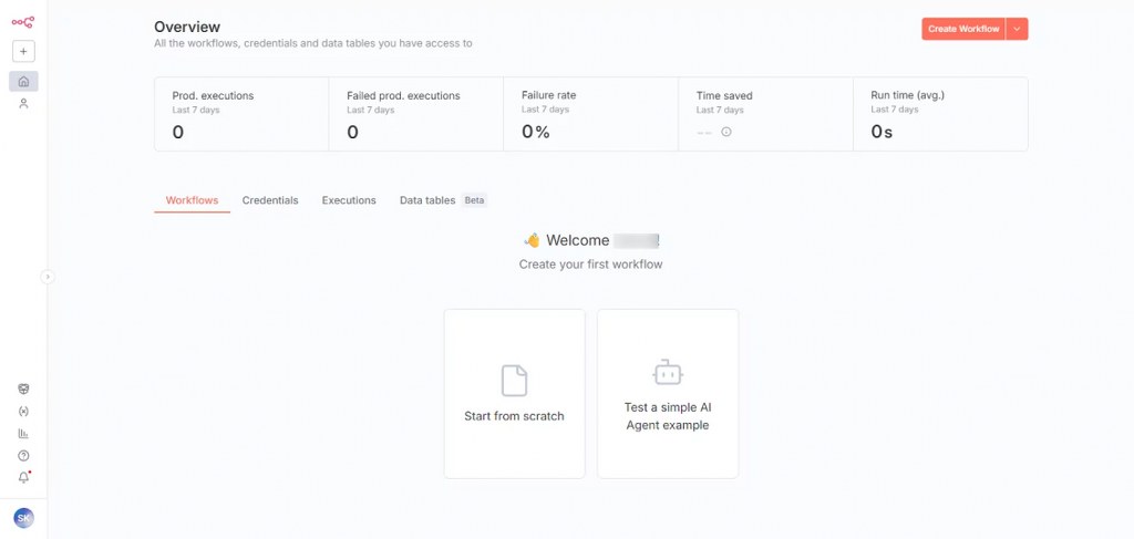 n8n dashboard overview with no workflows created yet