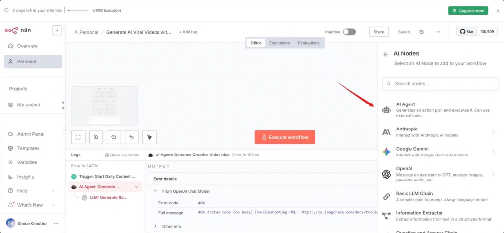 n8n editor with AI nodes panel and execute workflow button