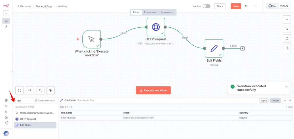 n8n workflow editor showing HTTP request and edit fields nodes with successful execution output