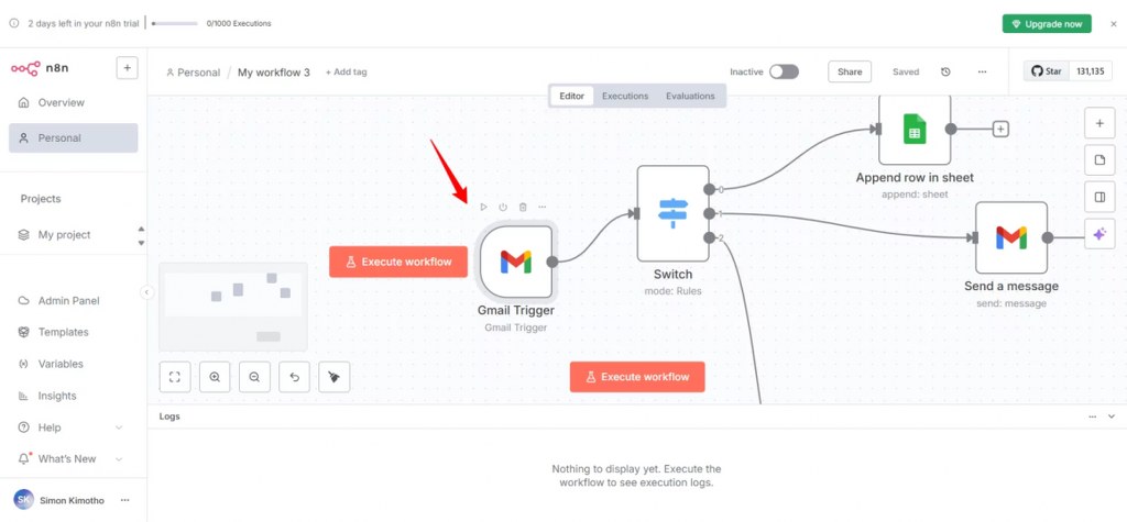 n8n workflow with Gmail trigger and automation steps