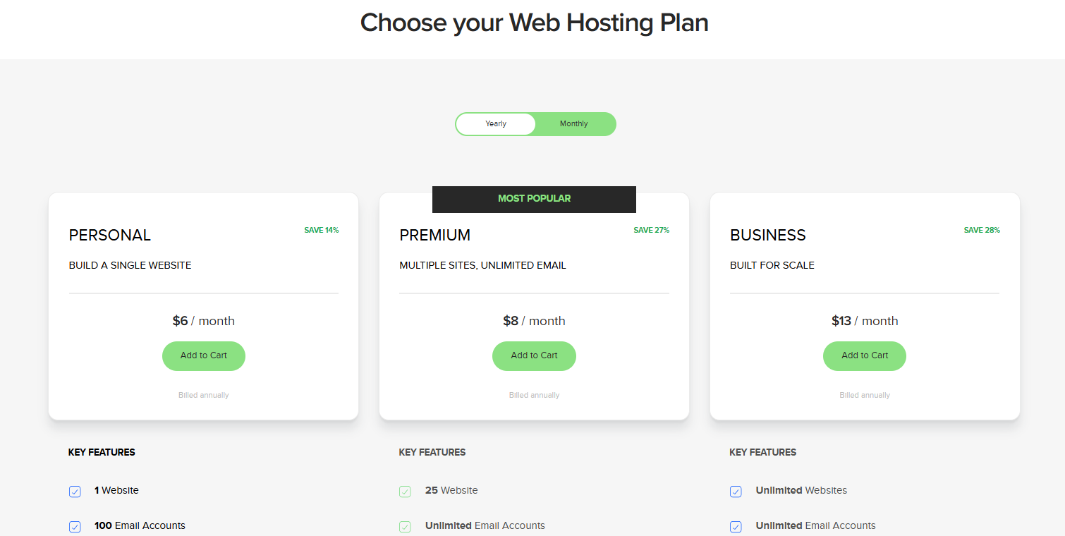 Name.com web hosting plans comparison page