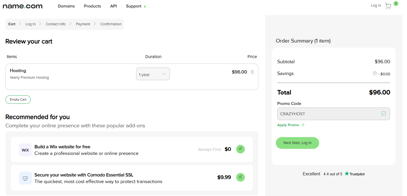 Name.com hosting plan selected with Add to Cart button