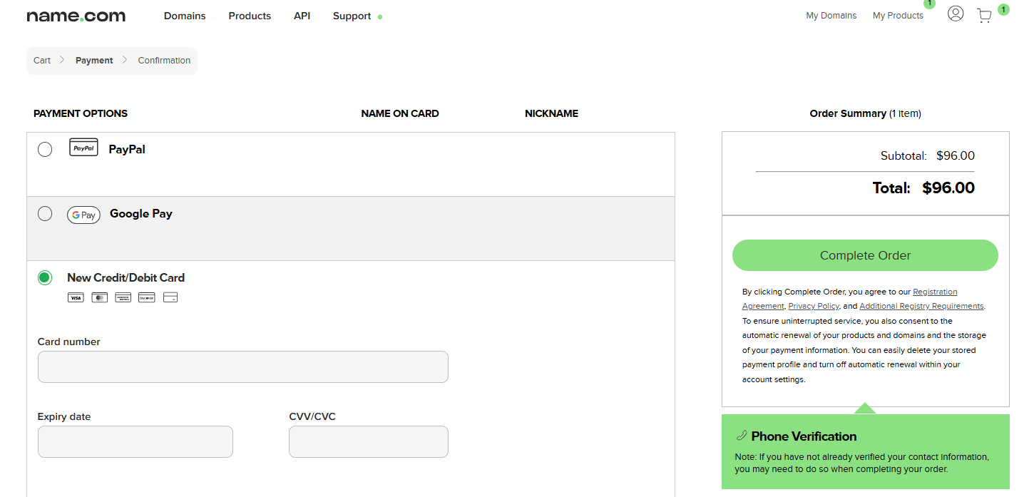 Name.com final payment screen with payment options