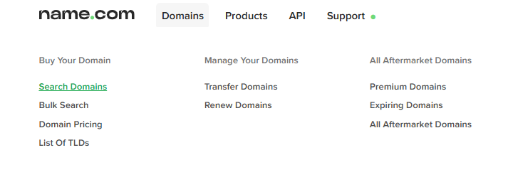 Name.com domains dropdown menu with Search Domains option