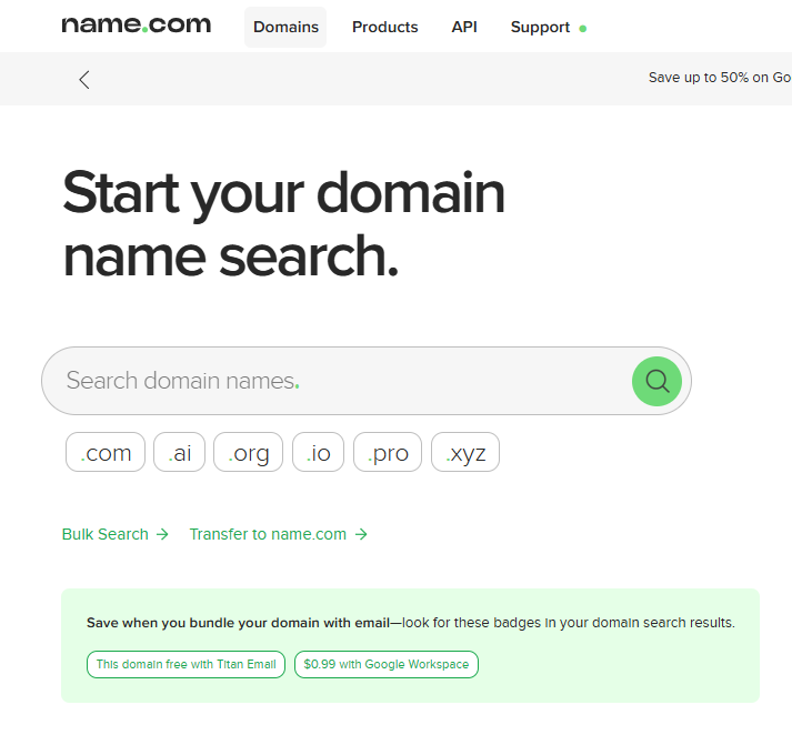 Name.com domain search results with available domain extensions and pricing