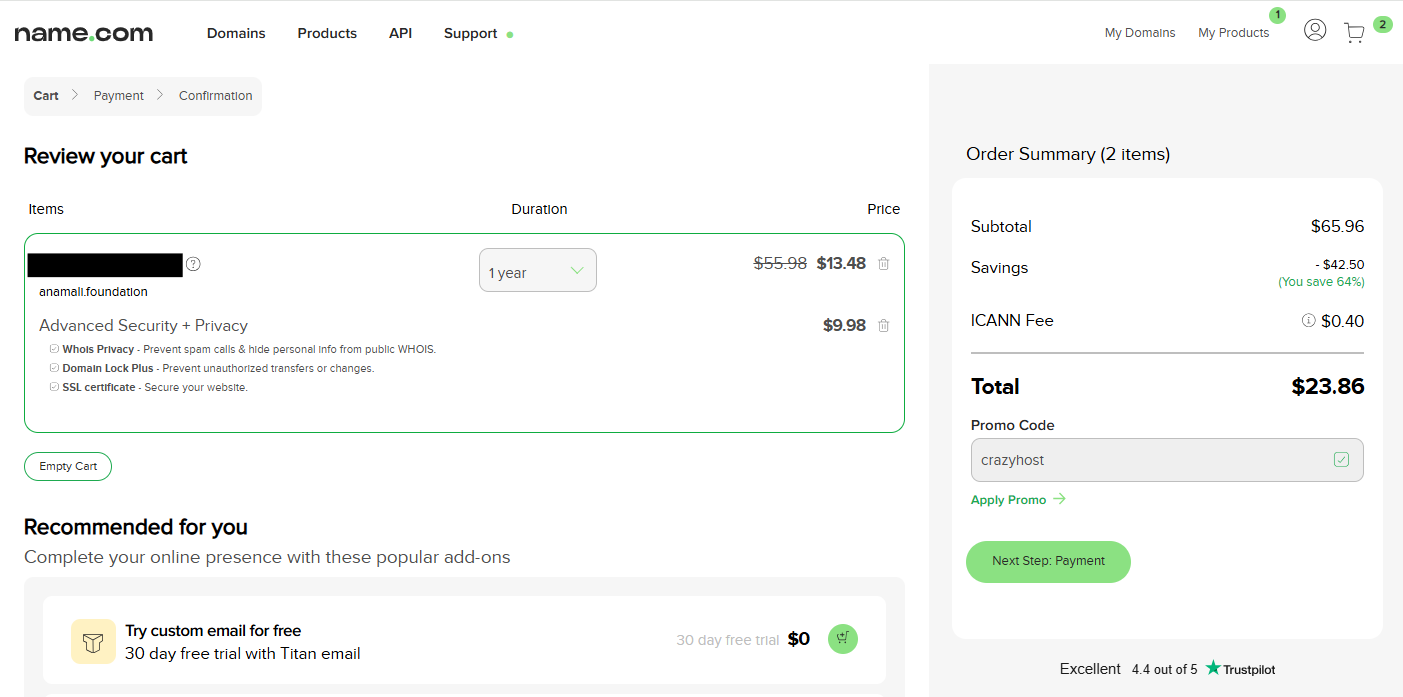 Name.com cart page with promo code field and order summary