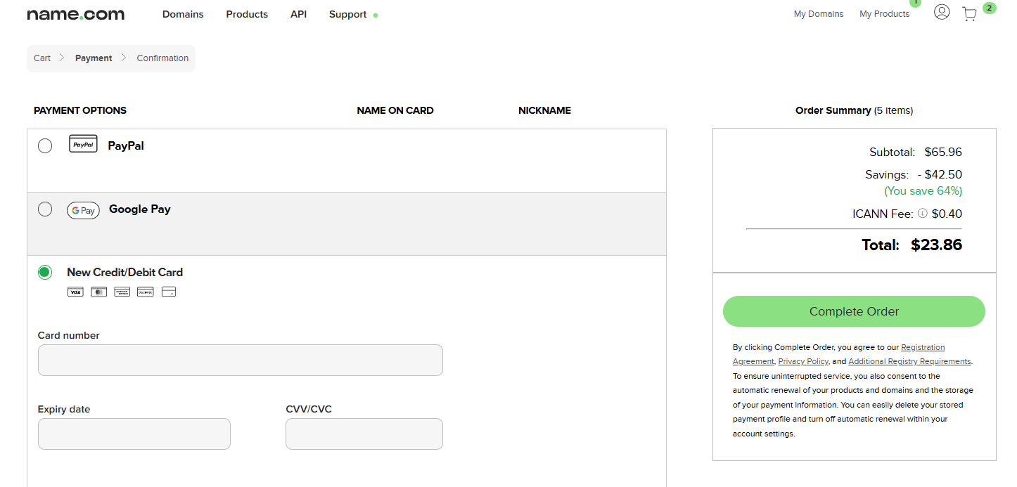 Name.com final payment page with payment methods and complete order button
