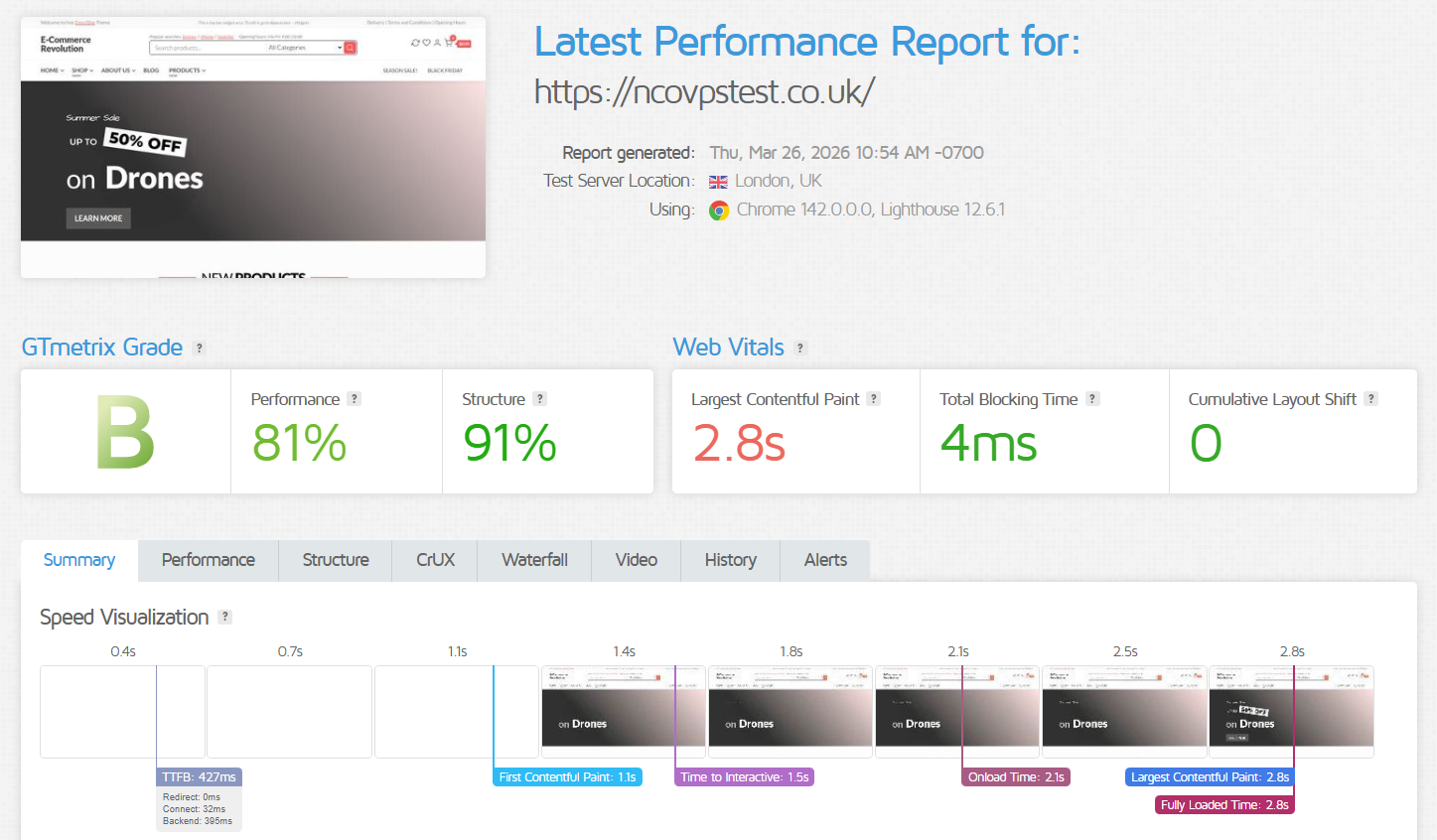 screenshot of Cold Cache test result