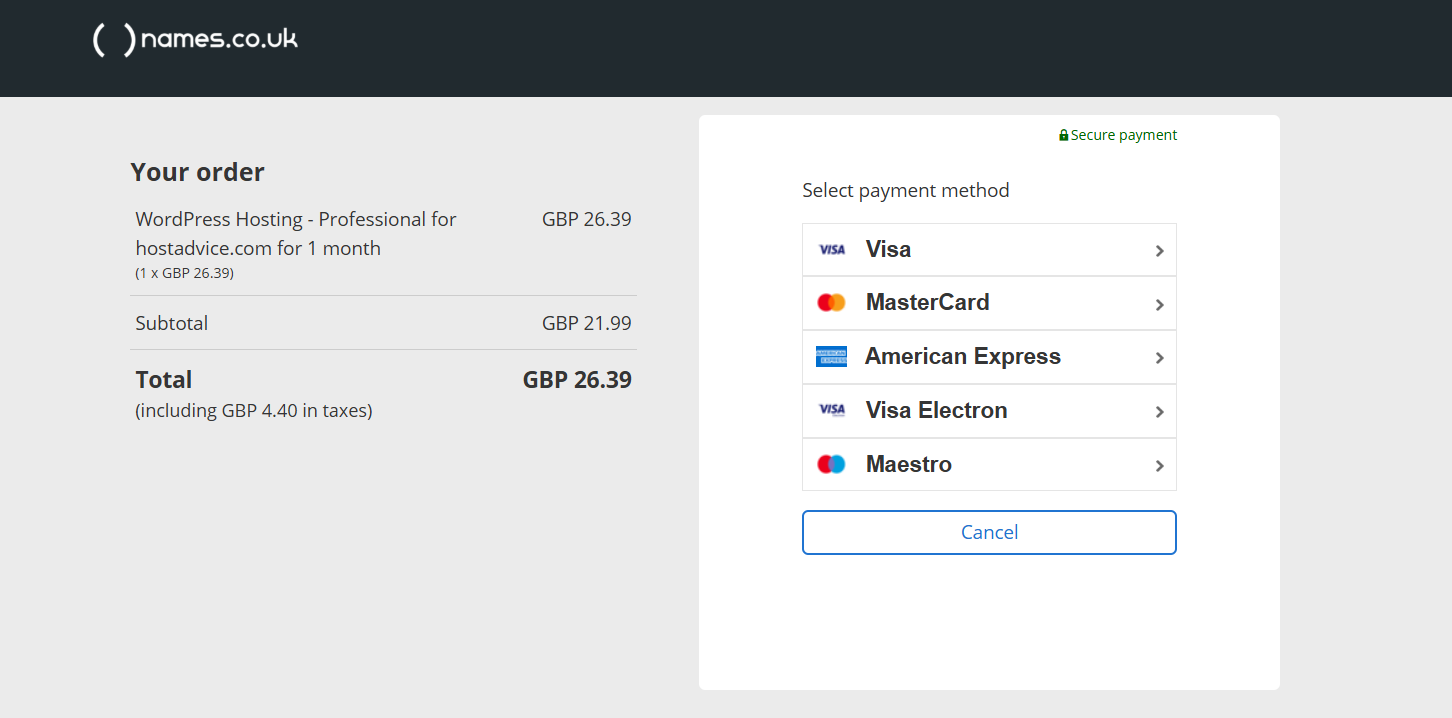 screenshot of Names.co.uk payment methods