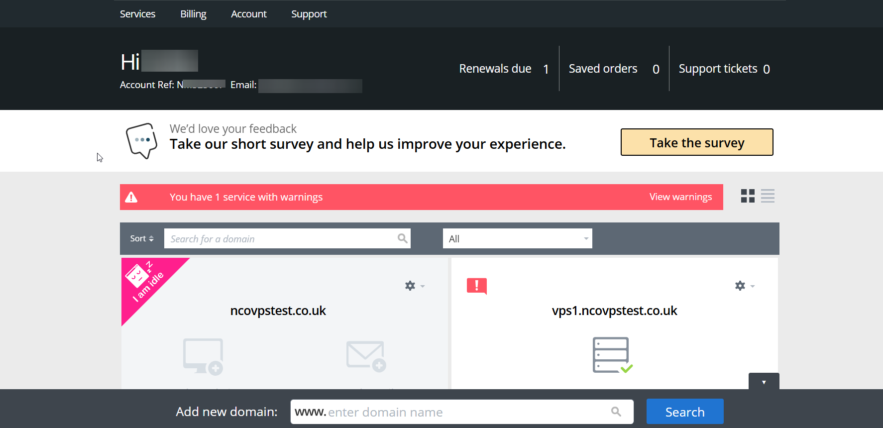 screenshot of Names.co.uk dashboard 