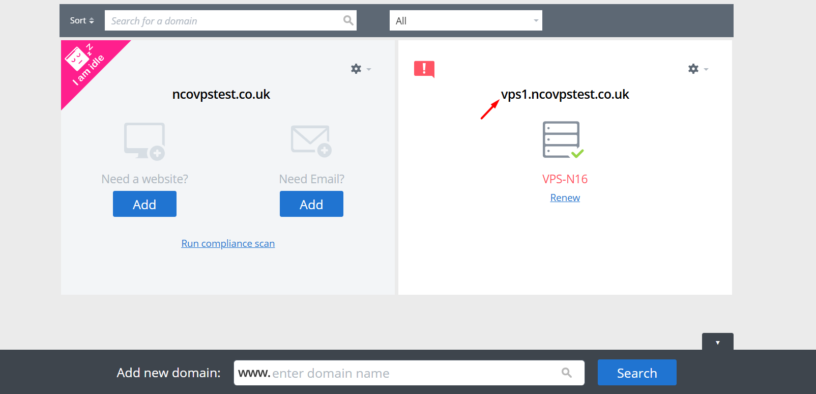 screenshot of Names.co.uk dashboard Domain menu