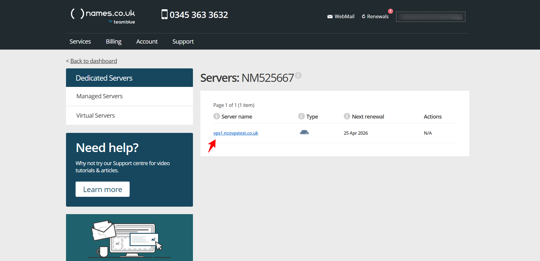 screenshot of Names.co.uk dashboard Dedicated Servers tab