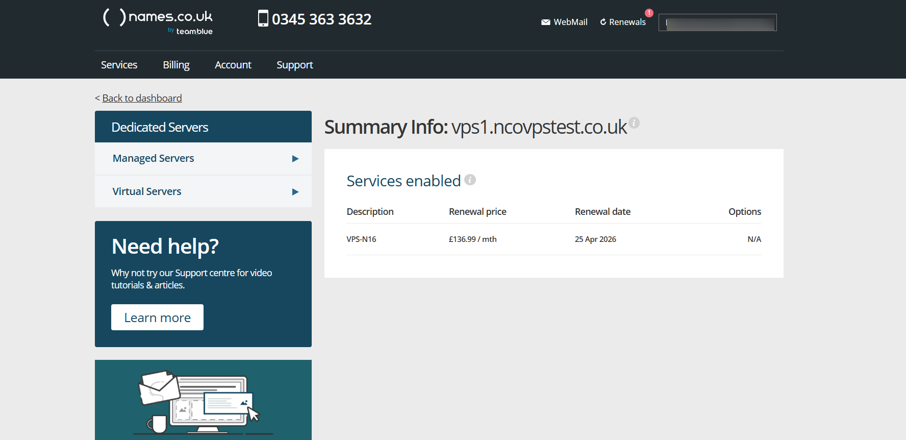screenshot of Names.co.uk dashboard Dedicated Servers tab Summary info