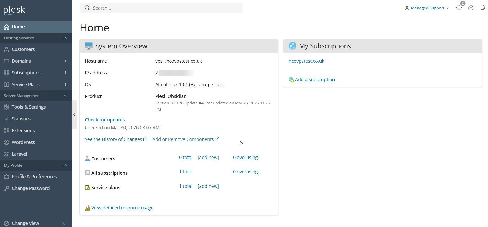 screenshot of the Plesk panel