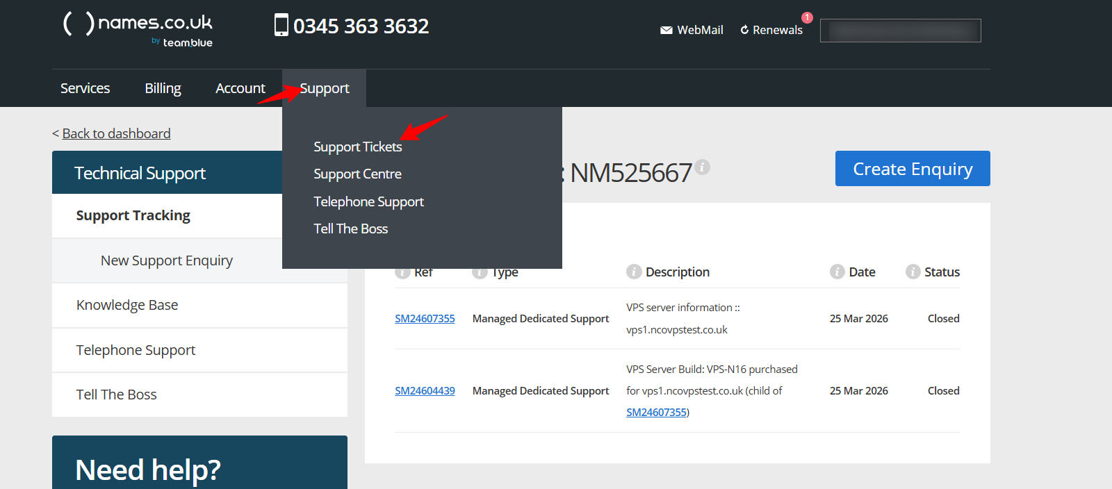screenshot of Names.co.uk website Support Tickets button