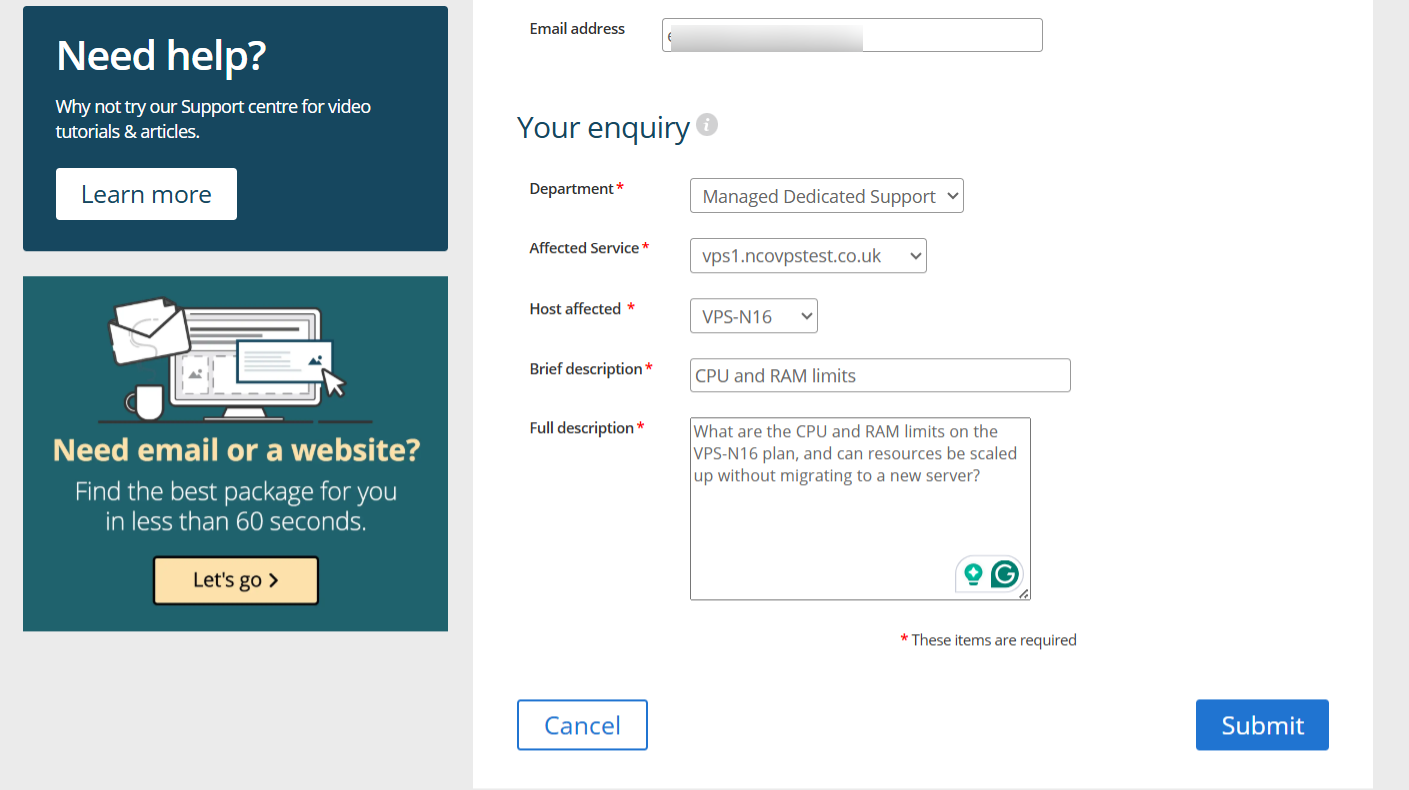 screenshot of Names.co.uk Tickets Support page