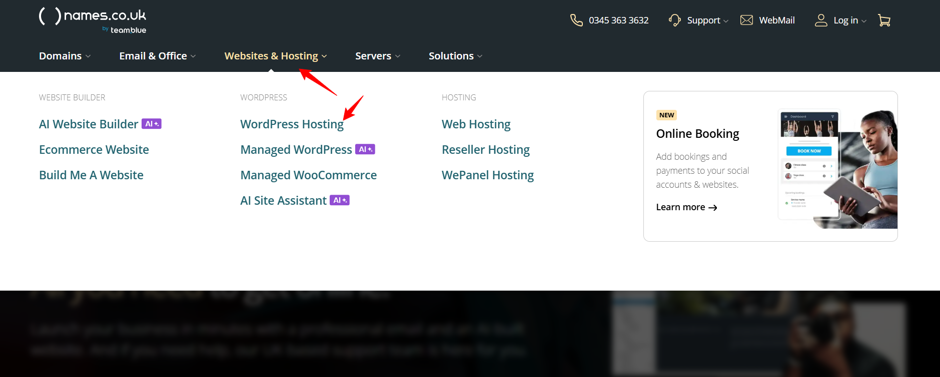 screenshot of Names.co.uk 'Wordpress Hosting' page