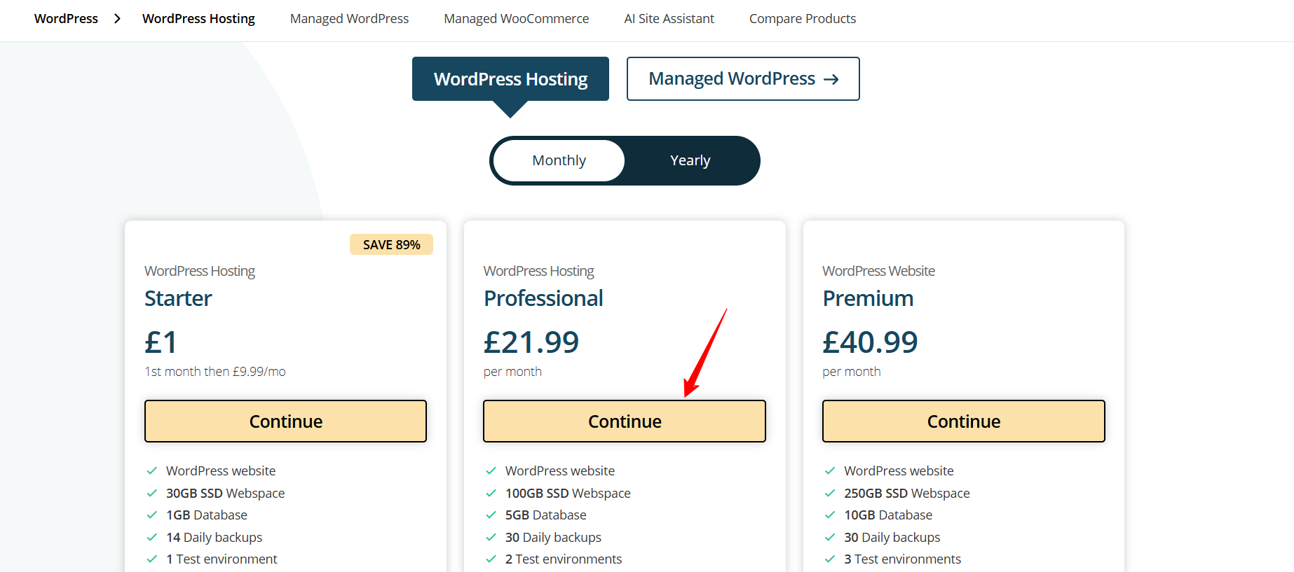 screenshot of Names.co.uk WordPress Hosting plans