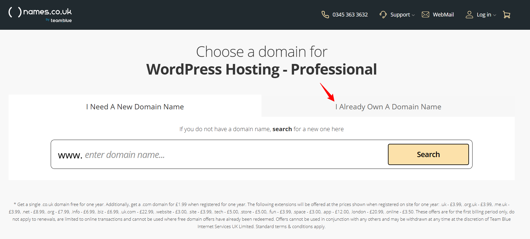 screenshot of Names.co.uk domain menu