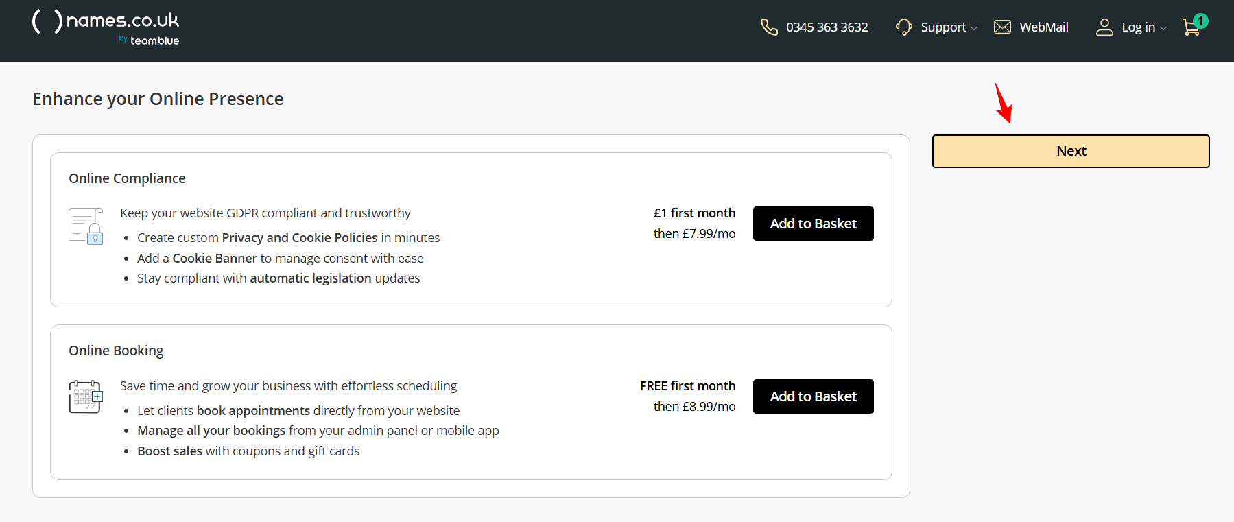 screenshot of Names.co.uk additional options