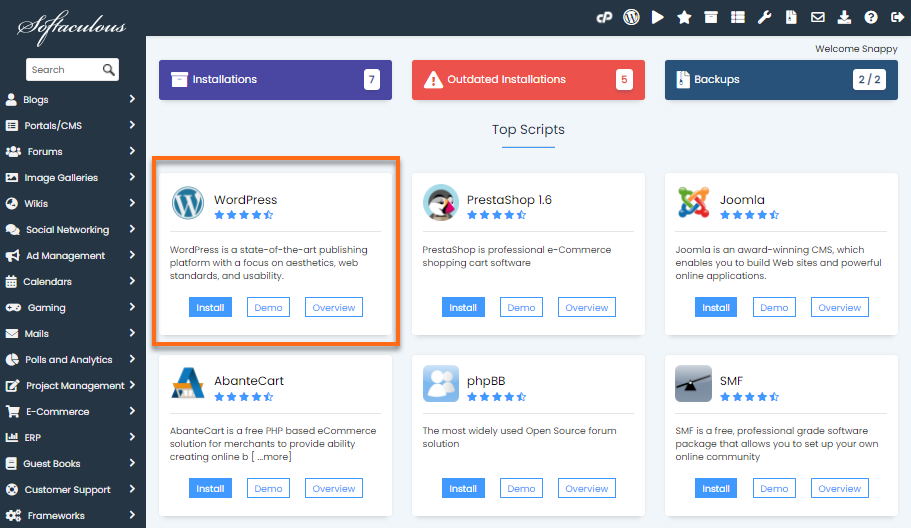 screenshot of WordPress installation in the Softaculous Apps Installer