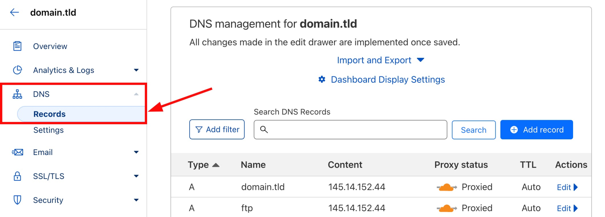screenshot of DNS management