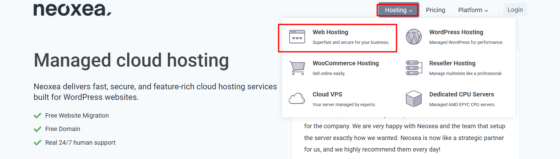 screenshot of Neoxea website Web Hosting button