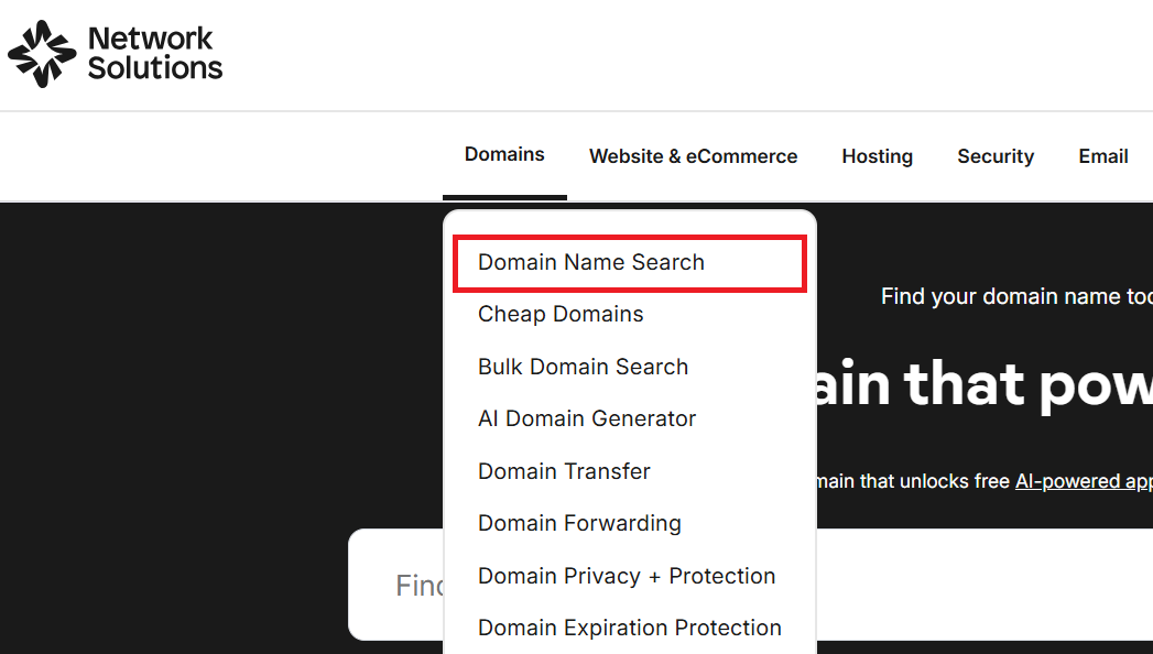 Network Solutions Domains dropdown menu showing Domain Name Search option