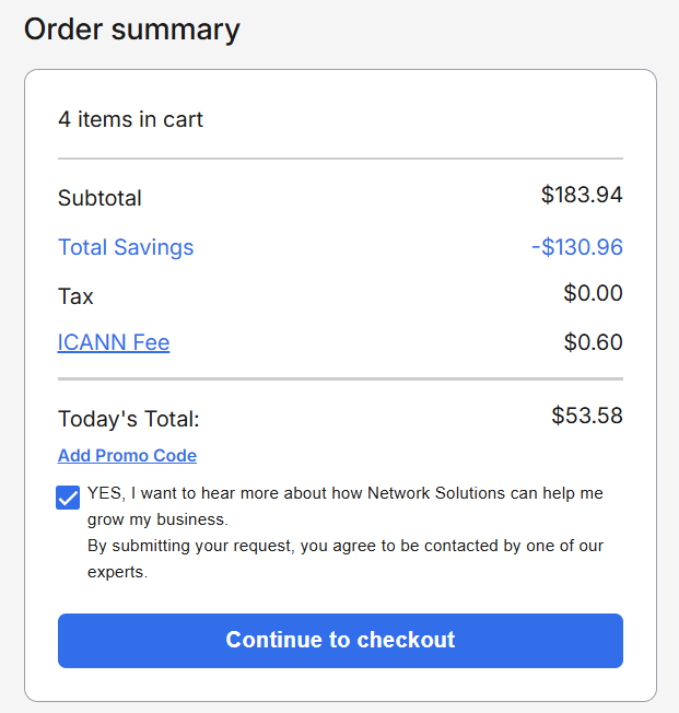 Network Solutions checkout page with Promo Code or Coupon Code field