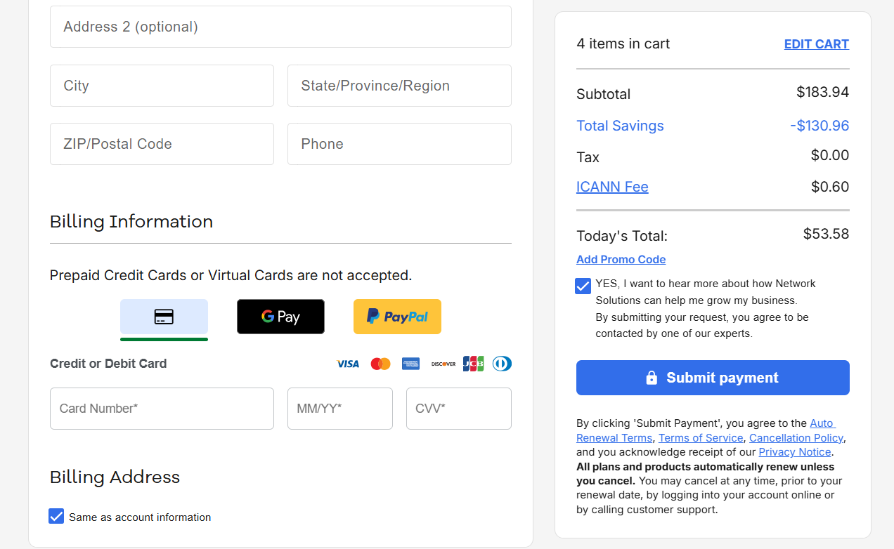 Network Solutions final checkout page with billing and payment method fields