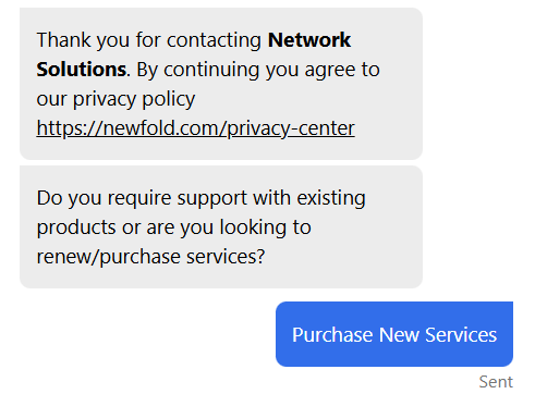 screenshot of Network Solutions Live chat conversation