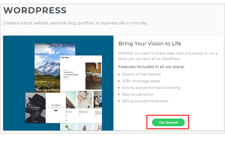 Snimka zaslona WordPress 'Get Started' gumba kod Network Solutionsa