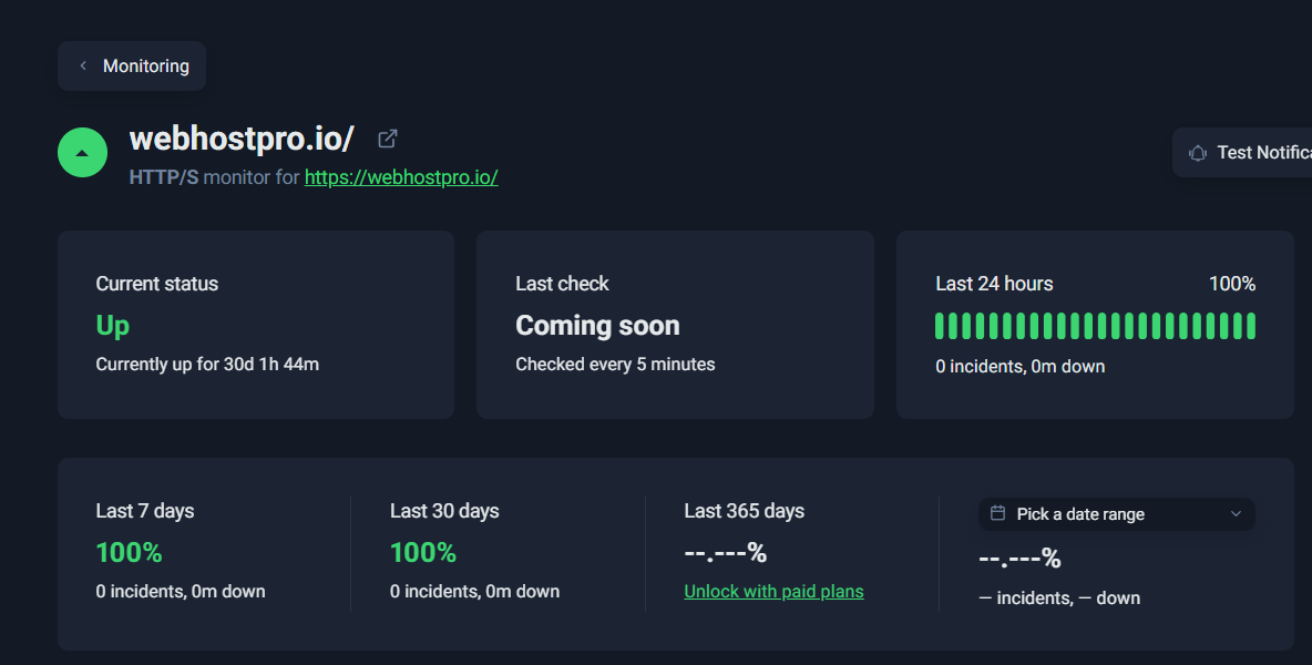 screenshot of Hostinger Uptime test result