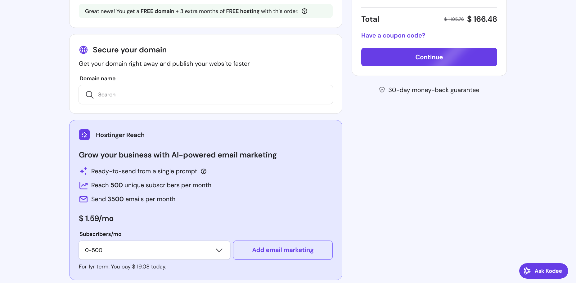 screenshot of Hostinger checkout