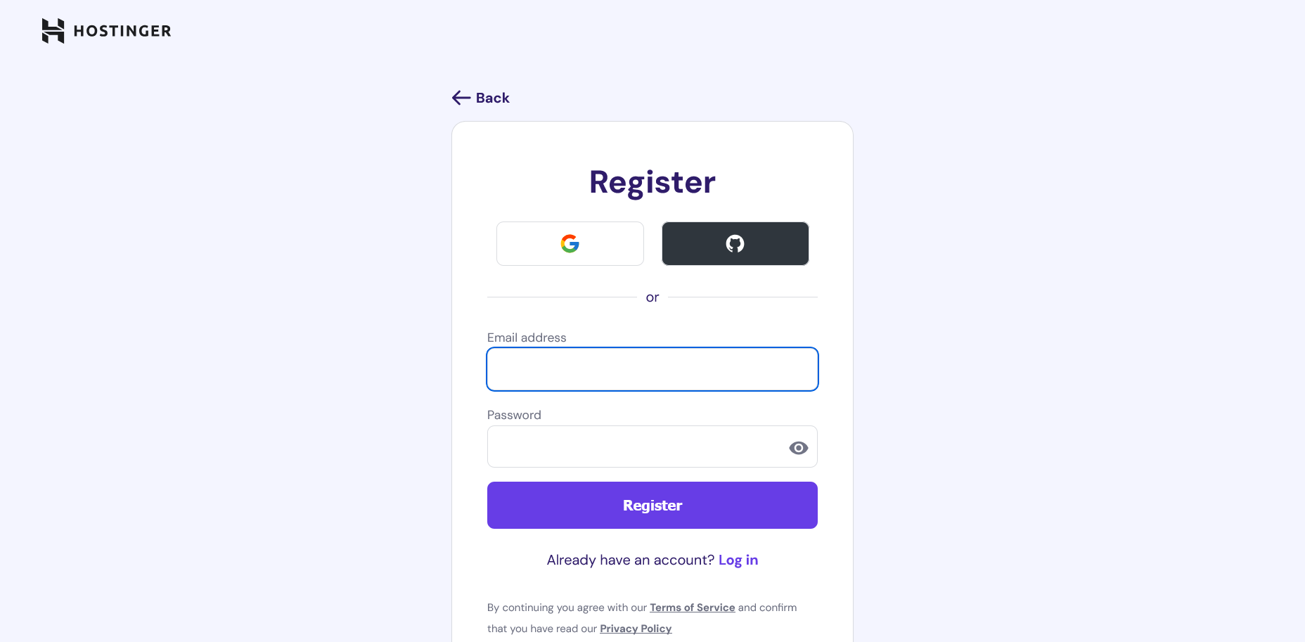 screenshot of Hostinger Sign Up window