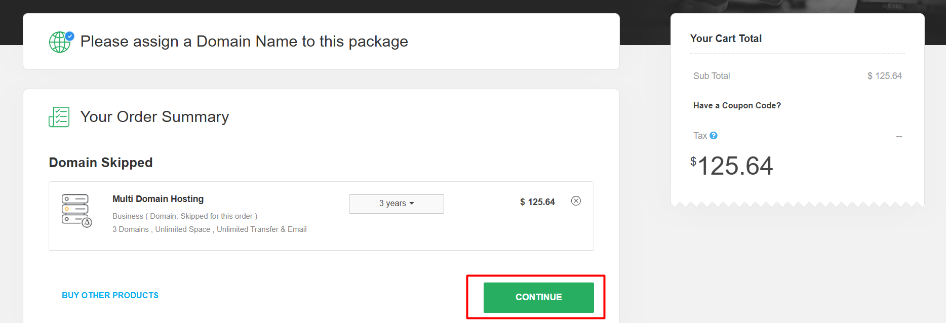 screenshot of Continue button