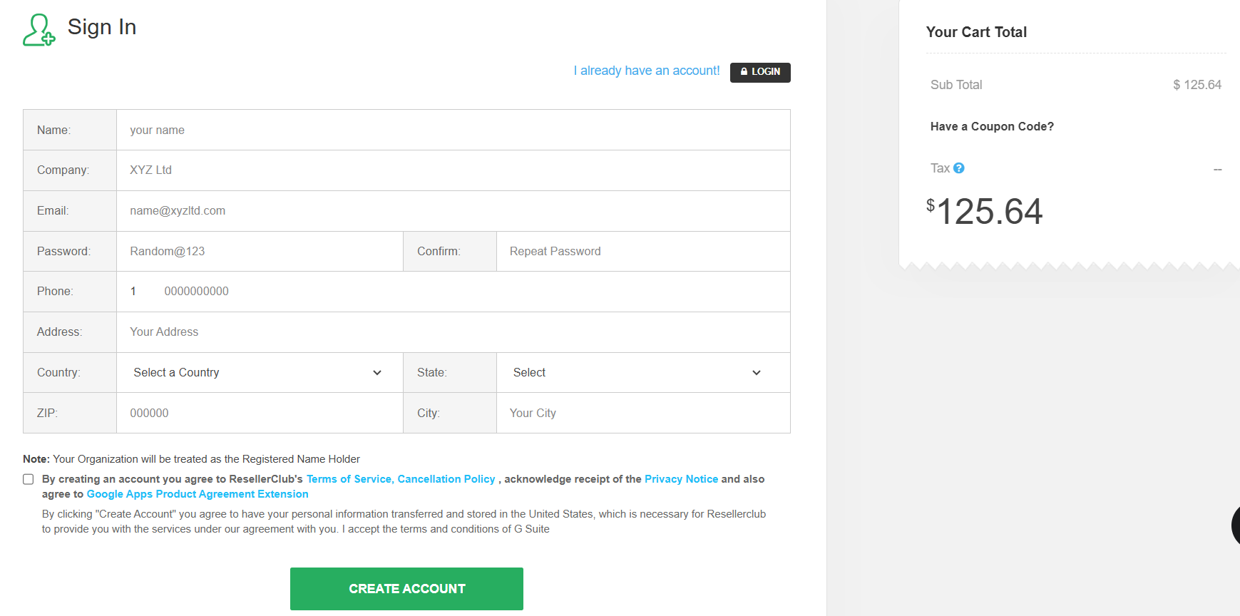 screenshot of ResellerClub Sign In Form
