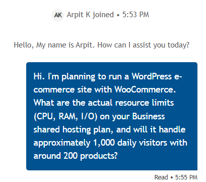 screenshot of ResellerClub Livechat conversation