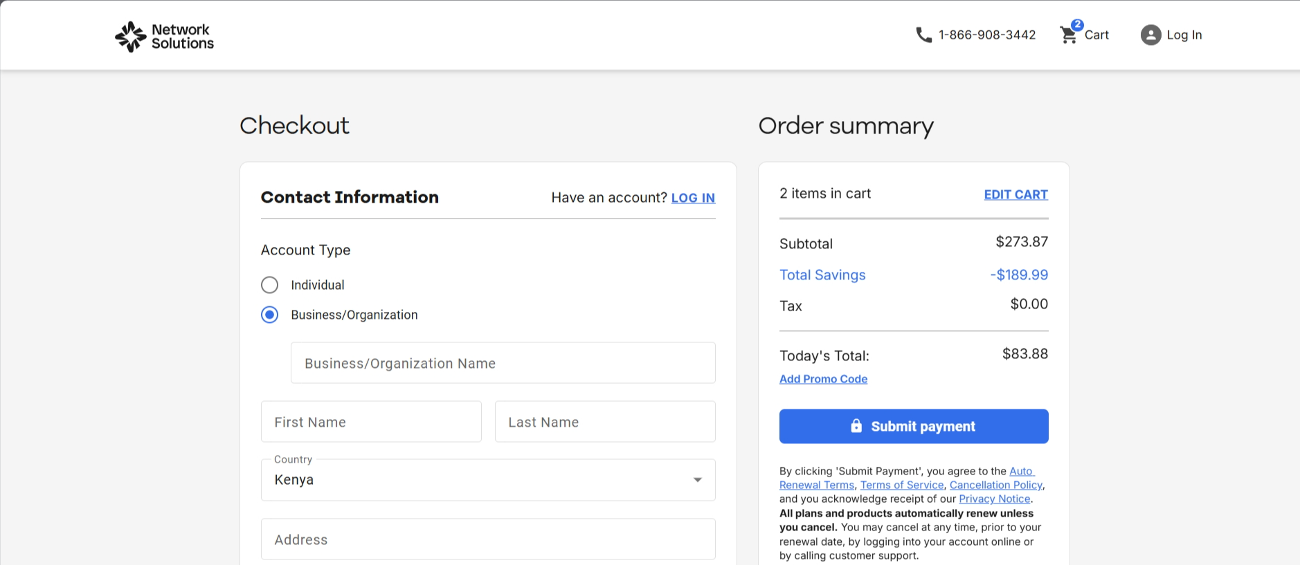screenshot of Network Solutions checkout