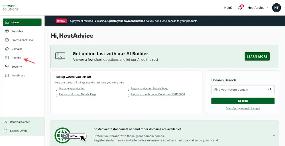 screenshot of Network Solutions Hosting tab