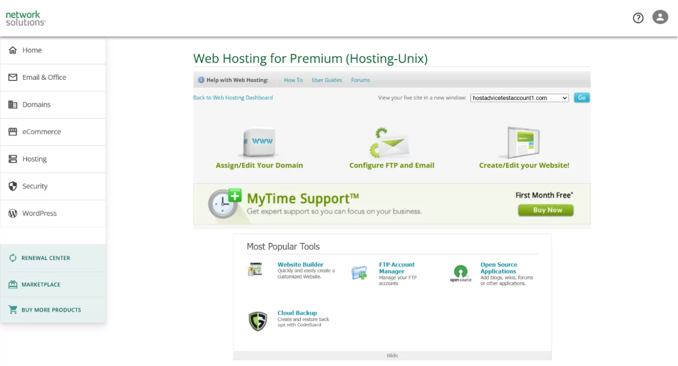 screenshot of Network Solutions dashboard Hosting tab