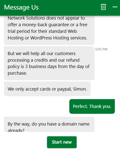 screenshot of Network Solution Live chat conversation