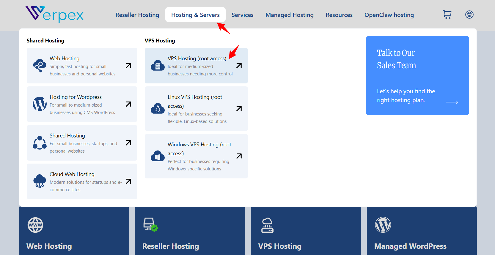 screenshot of Verpex VPS Hosting button