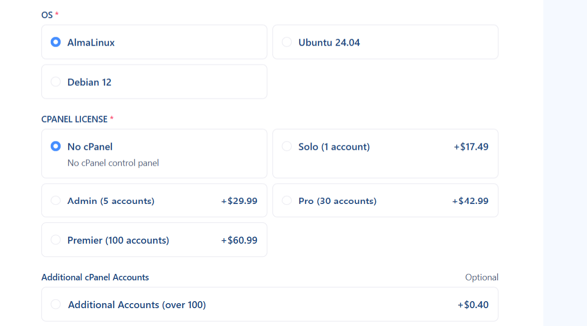 screenshot of Verpex Hosting plan configurations