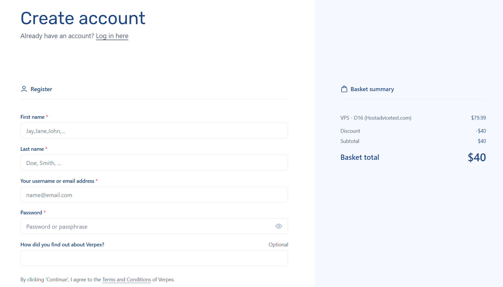 screenshot of Verpex Sign Up page