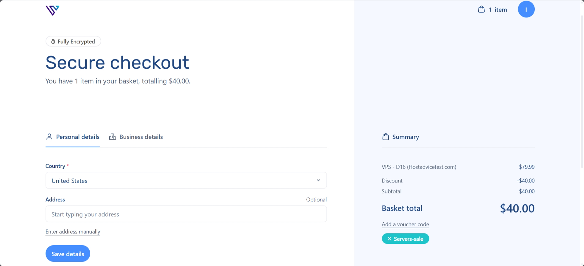 screenshot of Verpex checkout