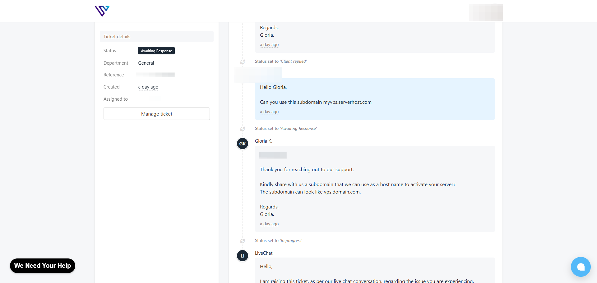 screenshot of Verpex Ticket conversation