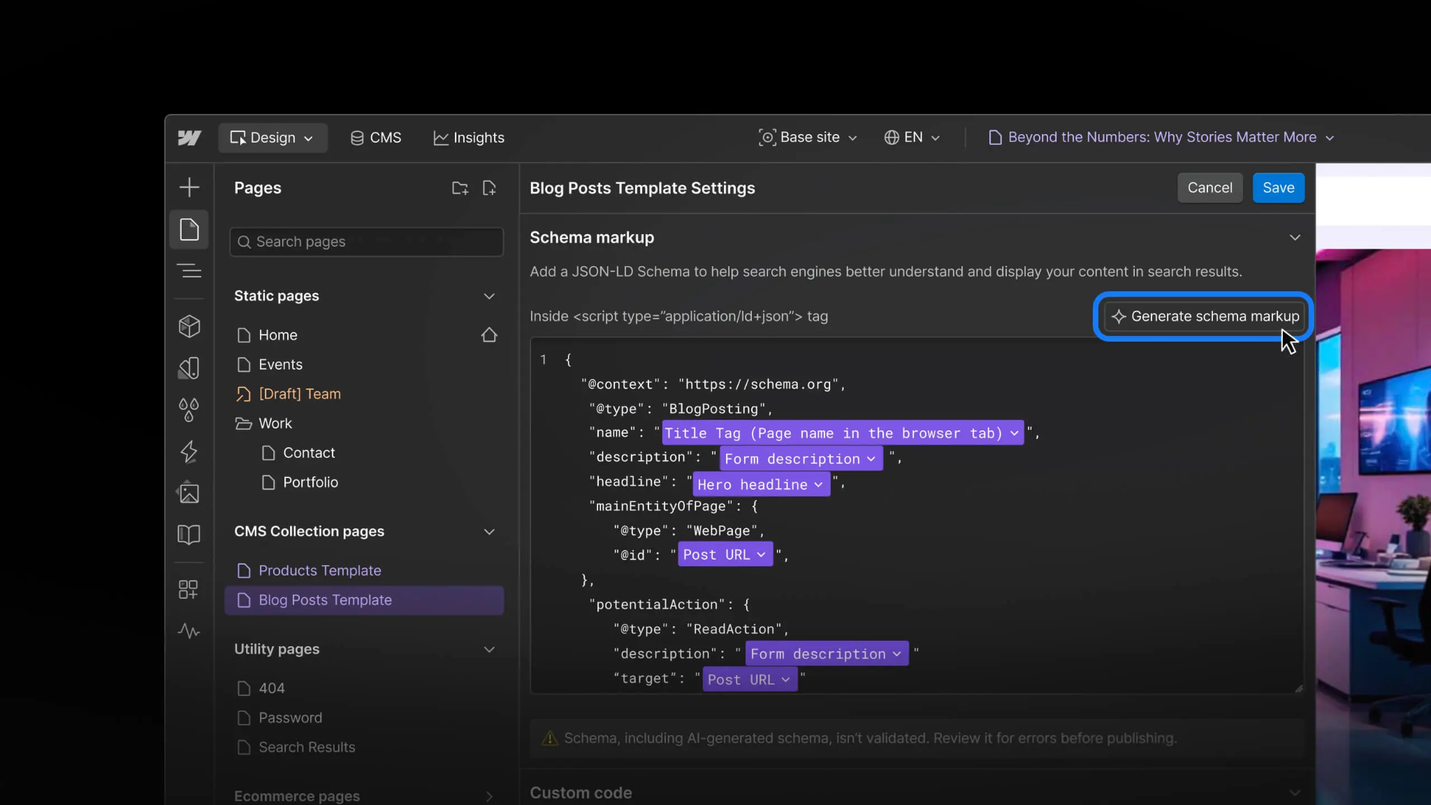 لقطة شاشة ديال Webflow code editor