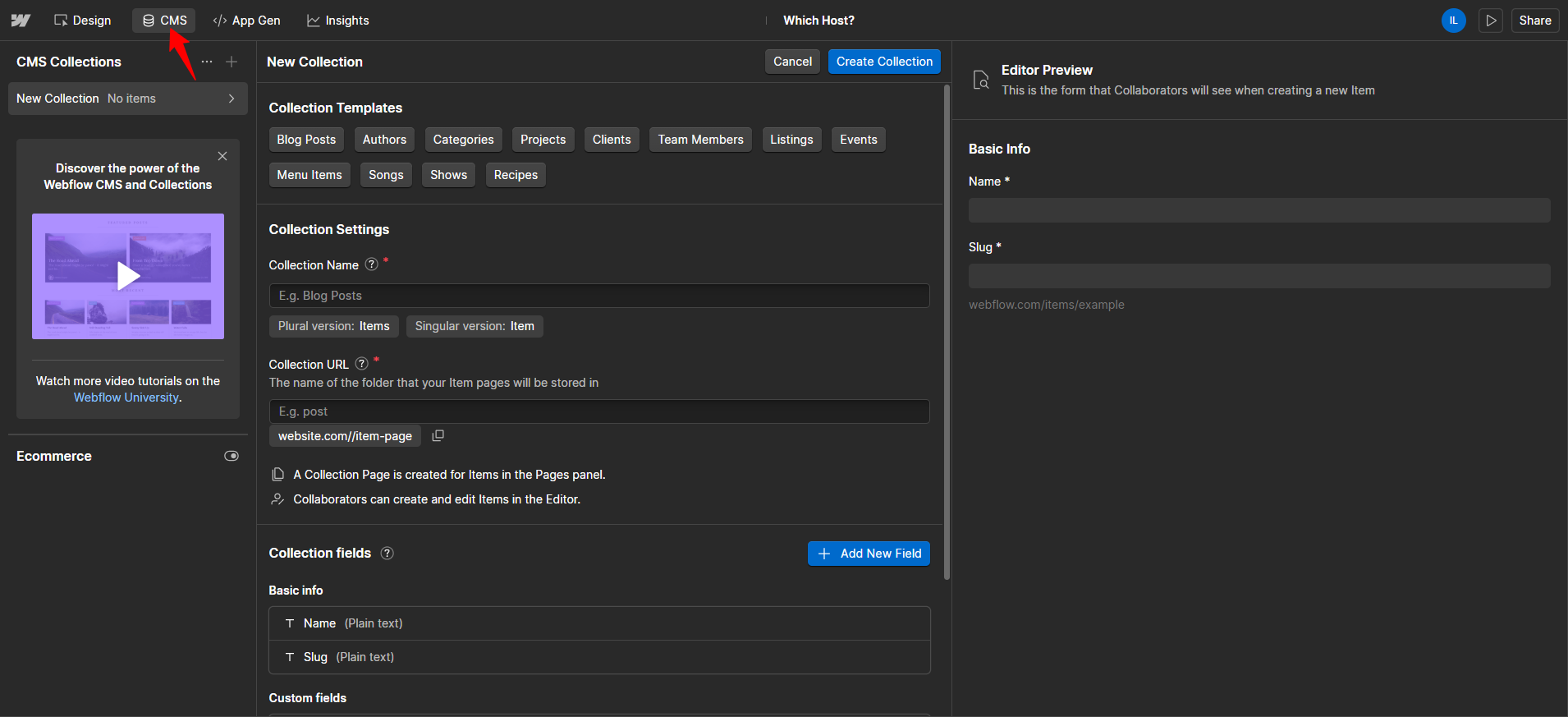 لقطة شاشة ديال زر CMS فـ Webflow dashboard
